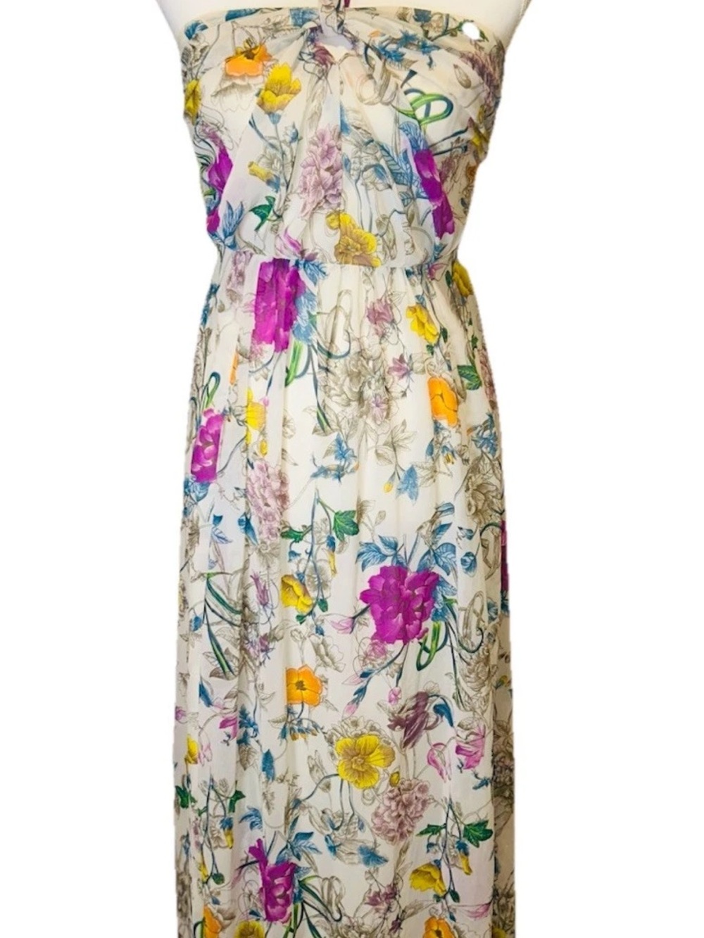 Floral Halter Chiffon Maxi Dress Open Back Cottagecore Wedding Guest Sz S Flowy